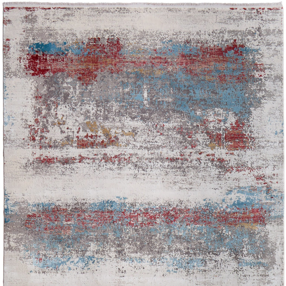 10' X 13' Gray Blue and Red Abstract Power Loom Area Rug With Fringe
