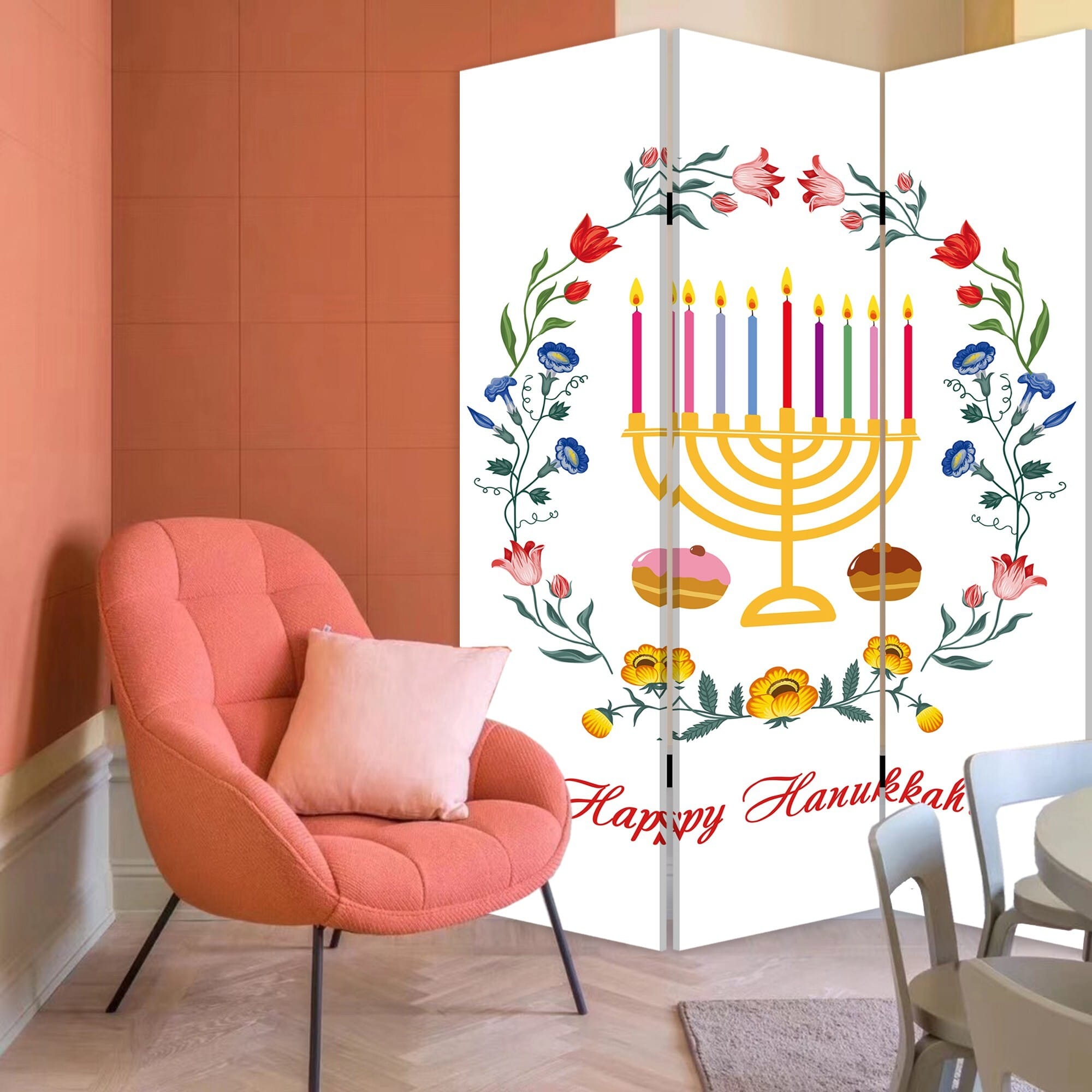 Celebratory Hanukkah Three Panel Room Divider Screen