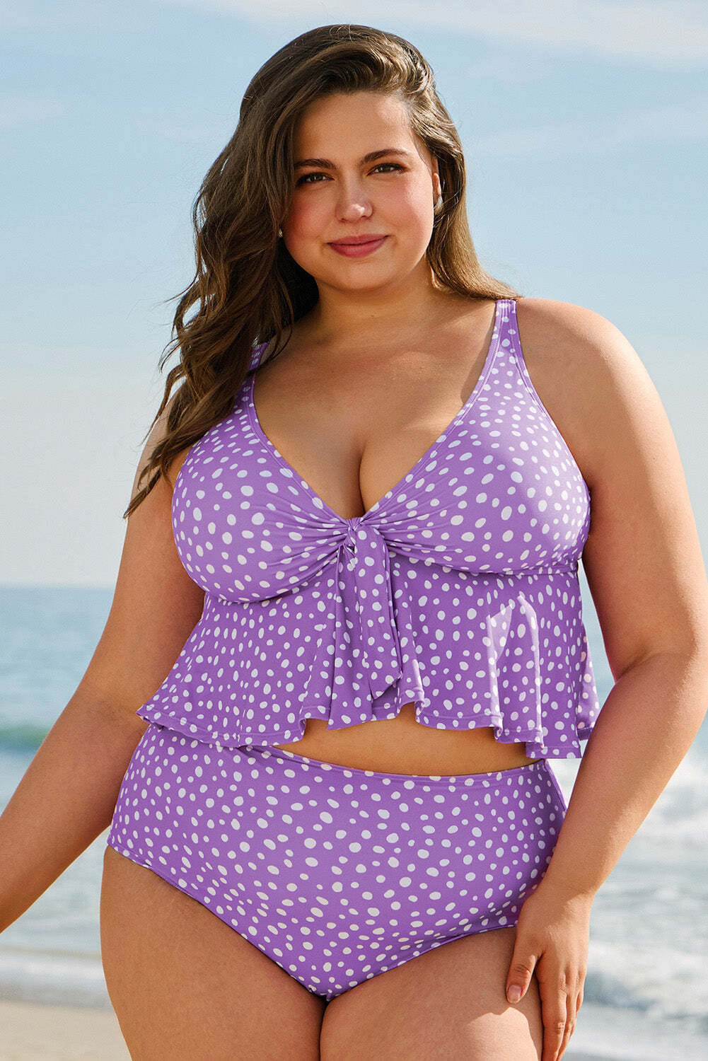 Purple Plus Size Polka Dot Print Ruffled Knotted V Neck Tankini Set