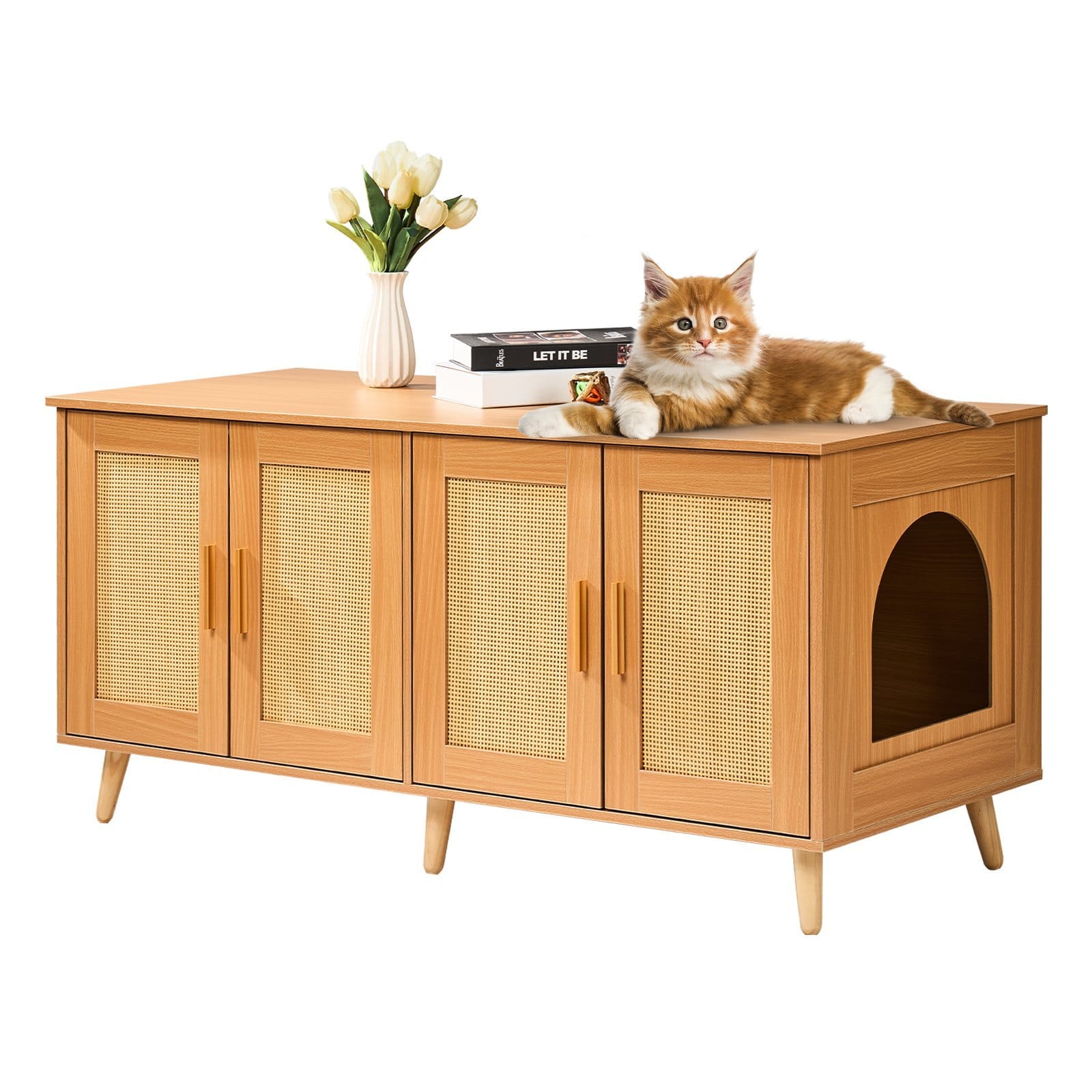 Cat Litter Box Enclosure for 2 Cats, Litter Box Furniture Hidden with Rattan Decorated Doors, Wooden Cat Box Cabinet Fit Most of Litter Box, 47.2"L x 19.7"W x 21.7"H, Natural