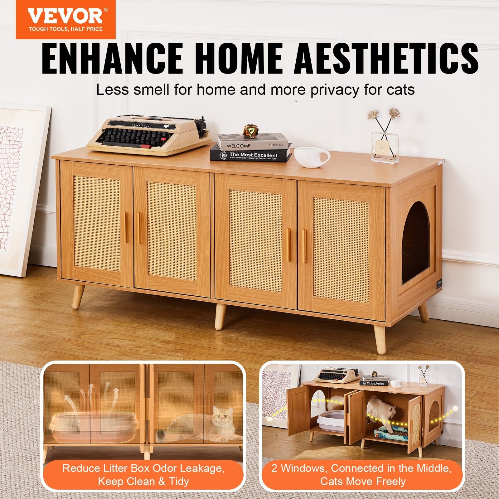 Cat Litter Box Enclosure for 2 Cats, Litter Box Furniture Hidden with Rattan Decorated Doors, Wooden Cat Box Cabinet Fit Most of Litter Box, 47.2"L x 19.7"W x 21.7"H, Natural