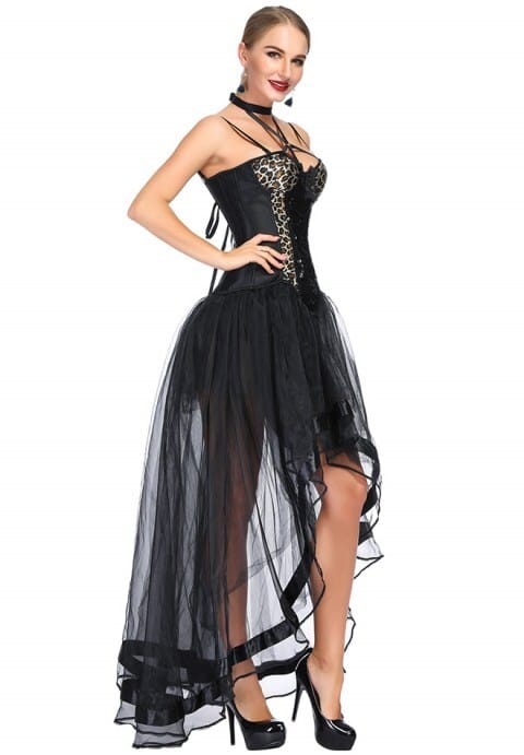 Leopard & Sequin Burlesque Corset With High Low Skirt