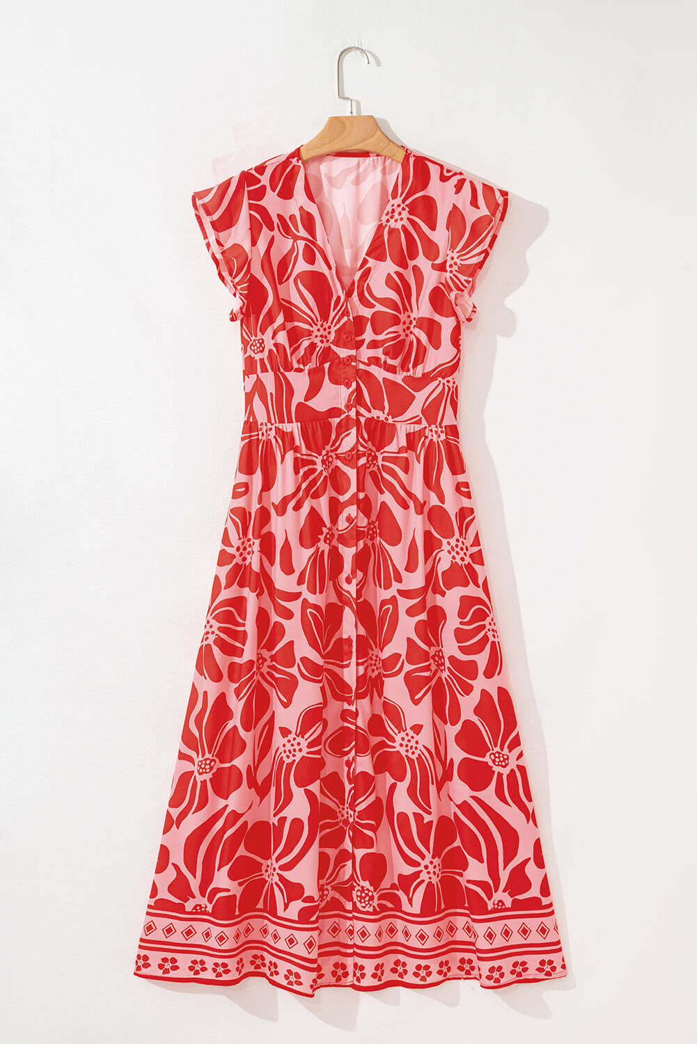 Red Boho Floral Short Sleeve V Neck Buttoned Shirred Waist Long Dress