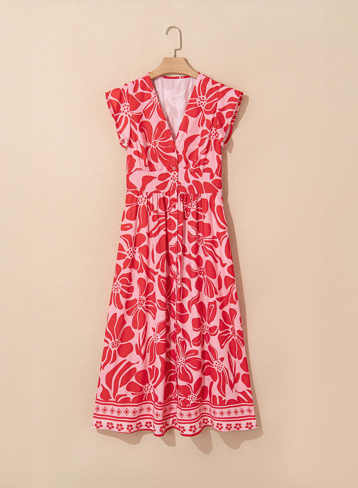 Red Boho Floral Short Sleeve V Neck Buttoned Shirred Waist Long Dress