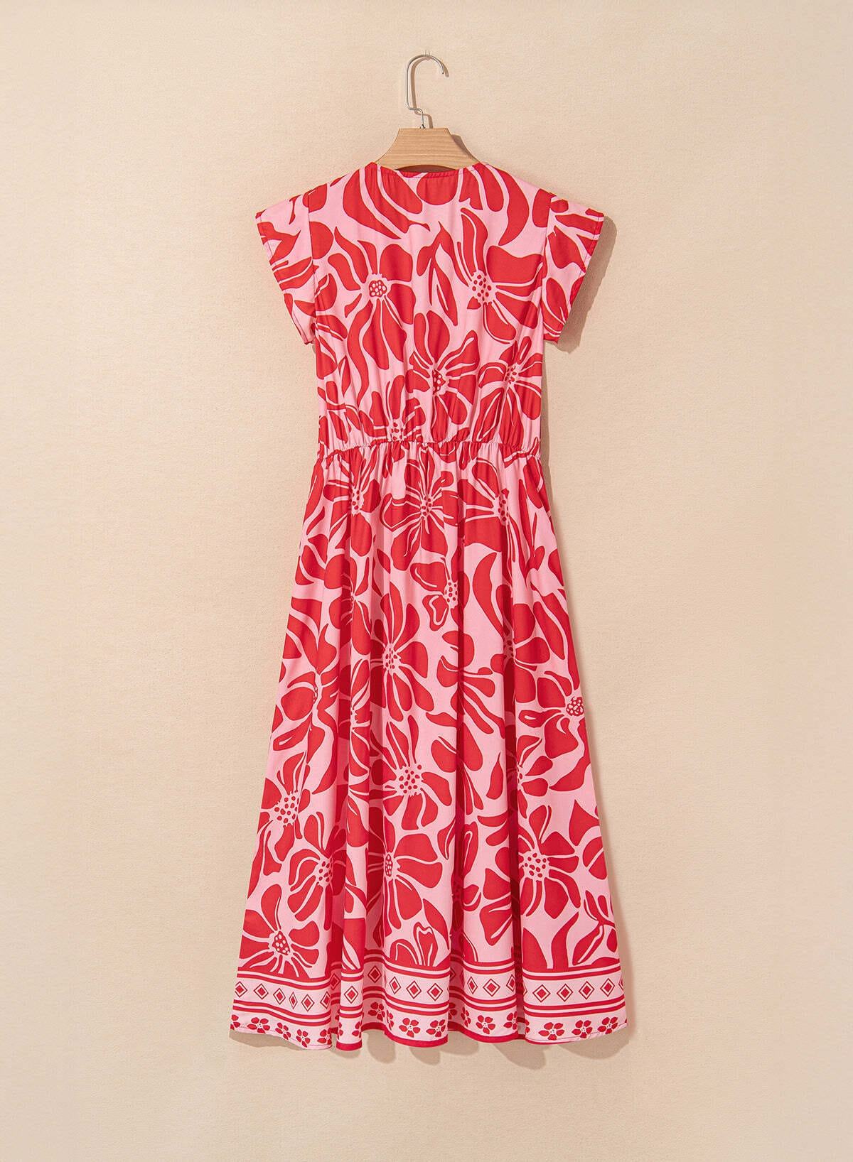 Red Boho Floral Short Sleeve V Neck Buttoned Shirred Waist Long Dress