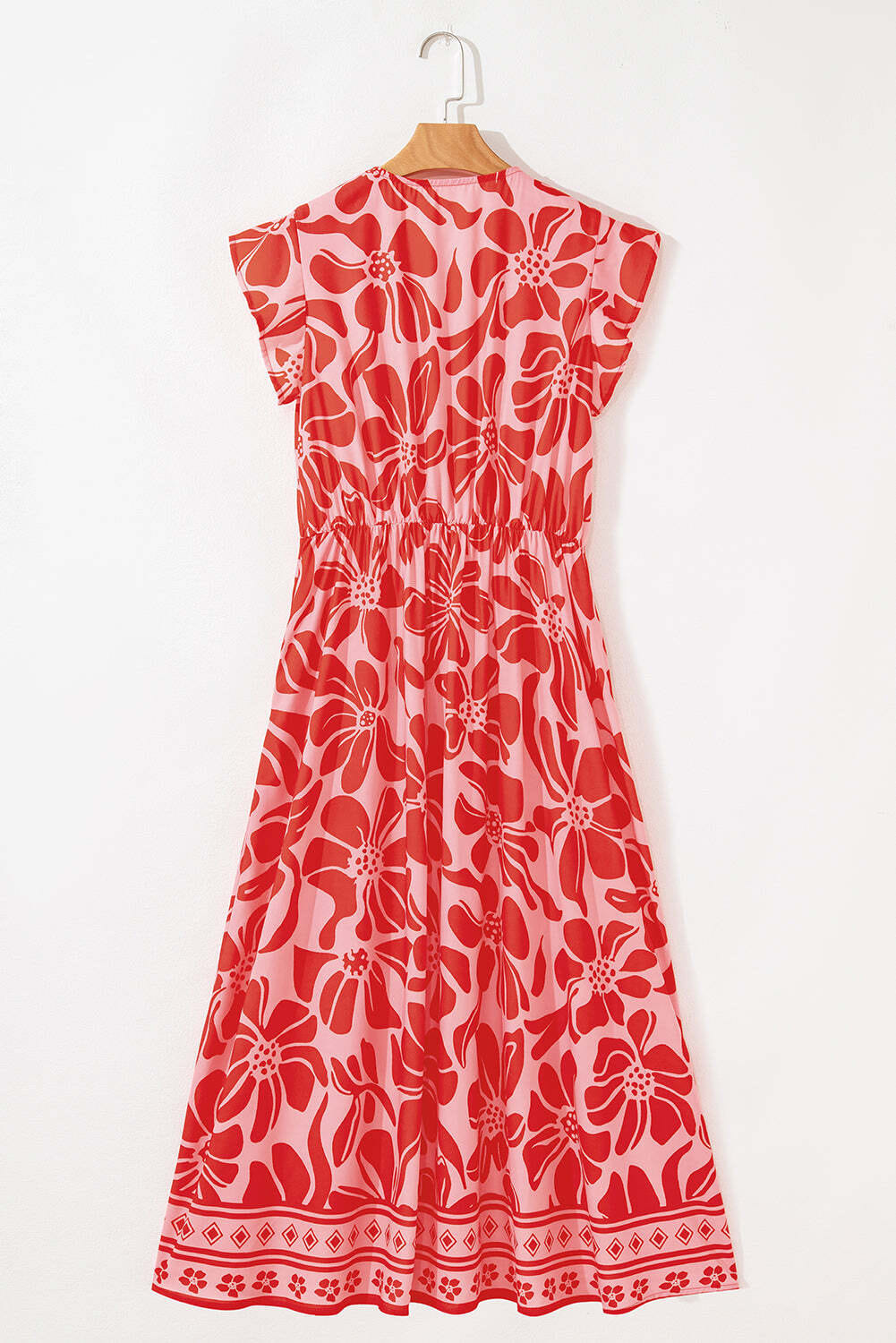 Red Boho Floral Short Sleeve V Neck Buttoned Shirred Waist Long Dress