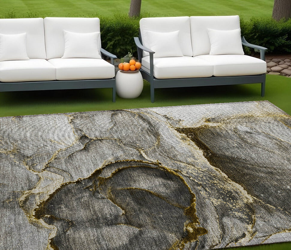 8' X 10' Gray and Gold Abstract Washable Non Skid Indoor Outdoor Area Rug