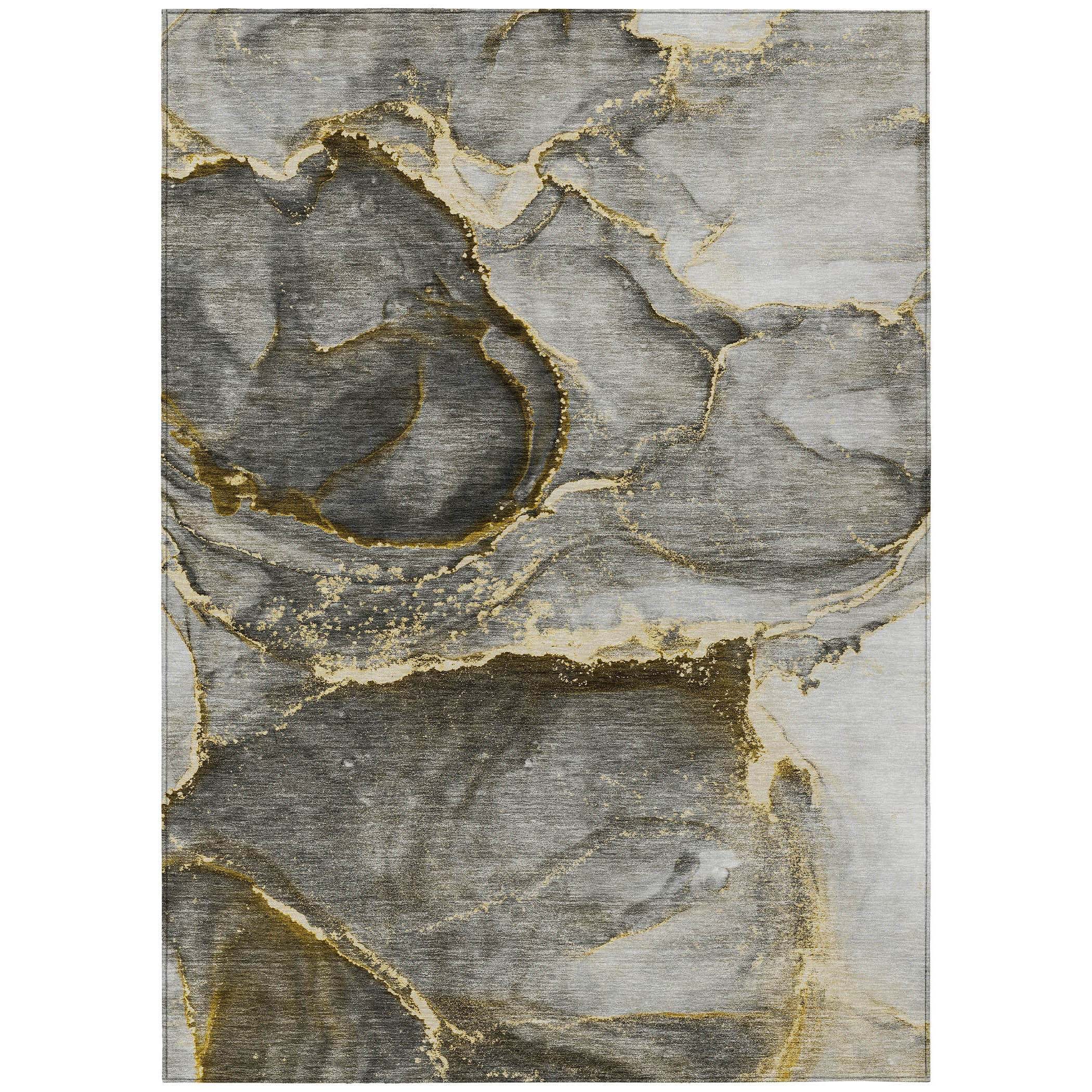 8' X 10' Gray and Gold Abstract Washable Non Skid Indoor Outdoor Area Rug