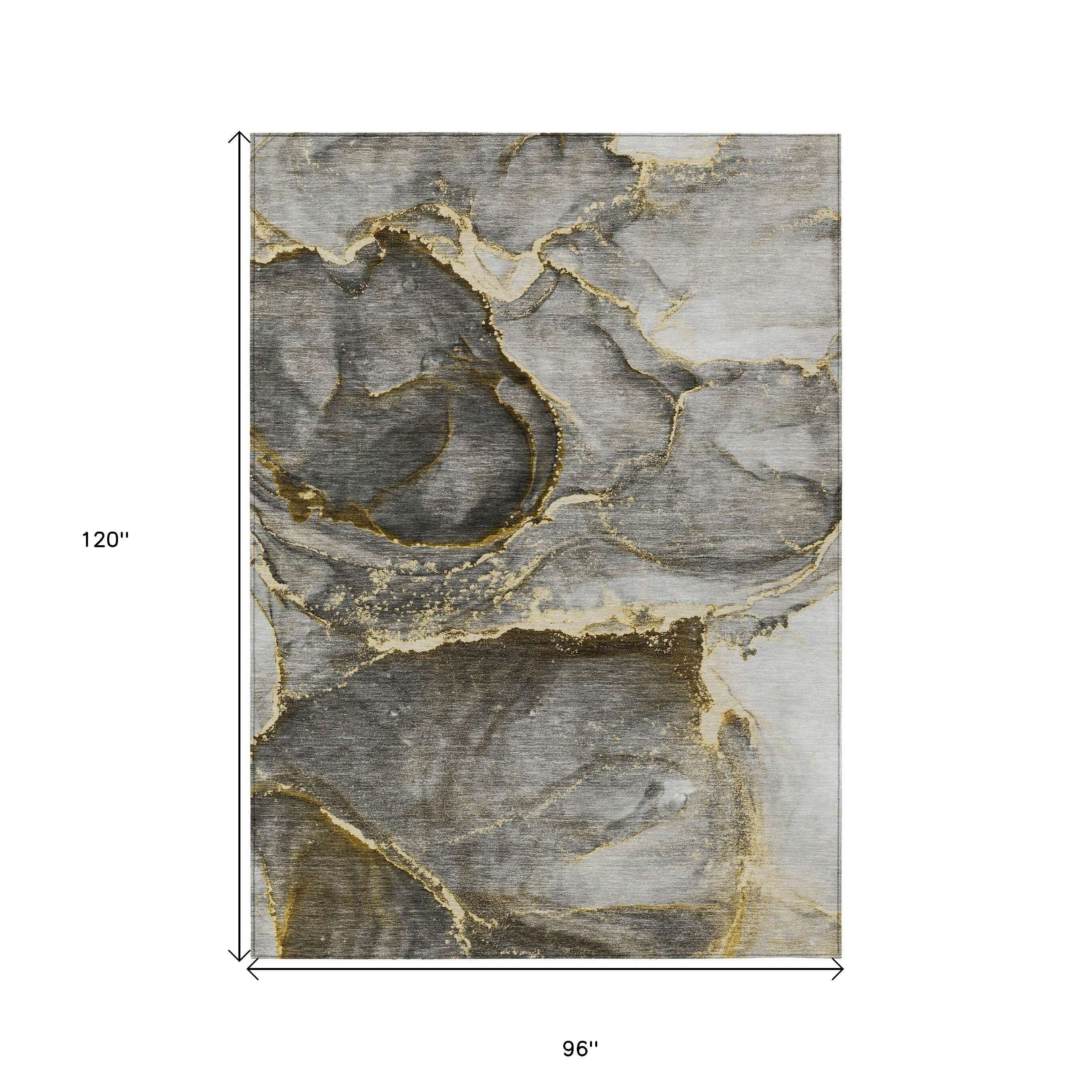 8' X 10' Gray and Gold Abstract Washable Non Skid Indoor Outdoor Area Rug