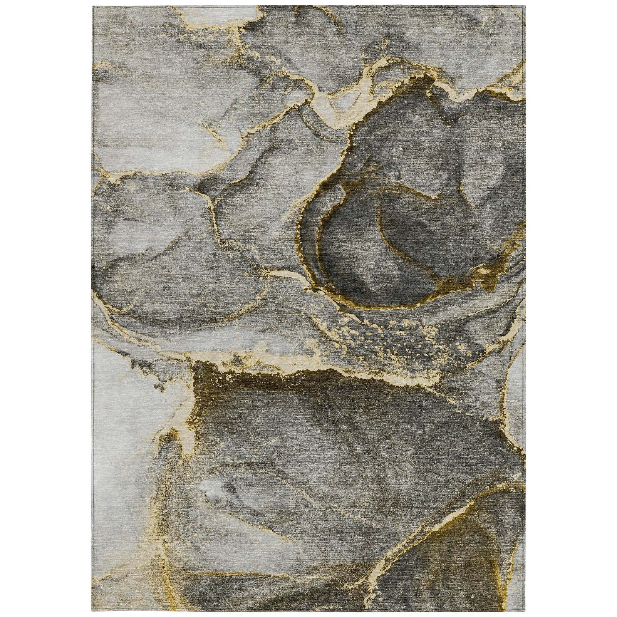 8' X 10' Gray and Gold Abstract Washable Non Skid Indoor Outdoor Area Rug