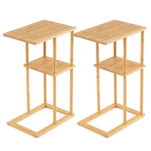 Side Table Set of 2 with Storage Shelves and Bamboo Construction-Natural - Color: Natural