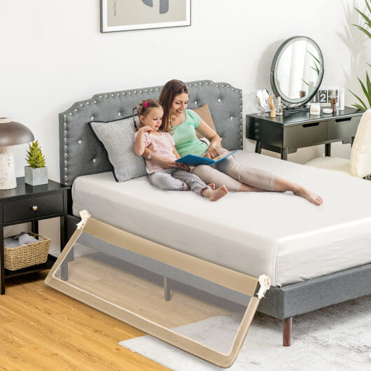 71 Inch Extra Long Swing Down Bed Guardrail with Safety Straps-Beige - Color: Beige