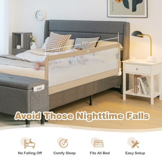 71 Inch Extra Long Swing Down Bed Guardrail with Safety Straps-Beige - Color: Beige