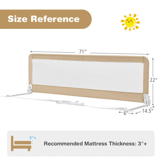 71 Inch Extra Long Swing Down Bed Guardrail with Safety Straps-Beige - Color: Beige