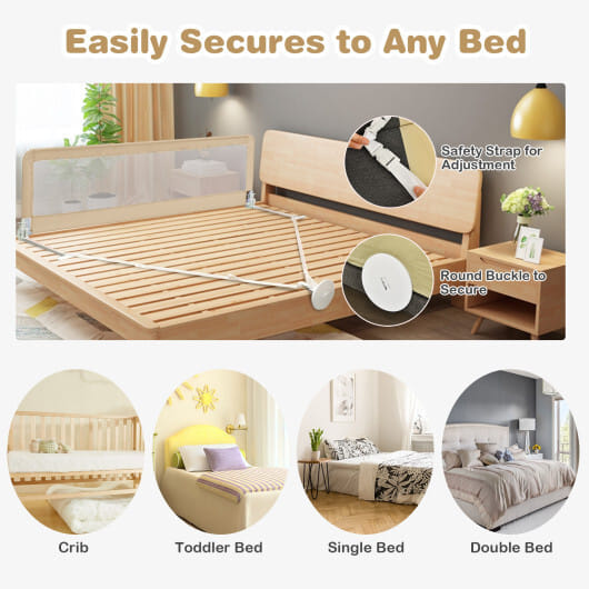71 Inch Extra Long Swing Down Bed Guardrail with Safety Straps-Beige - Color: Beige