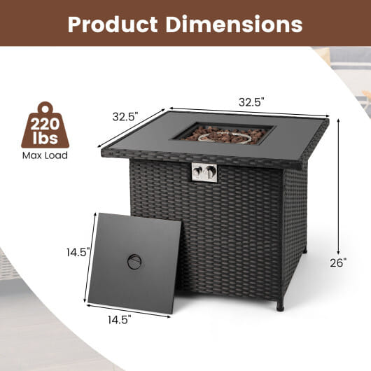 32.5 Inch Propane Fire Pit Table 5000 BTU with Tempered Glass Tabletop-Black - Color: Black