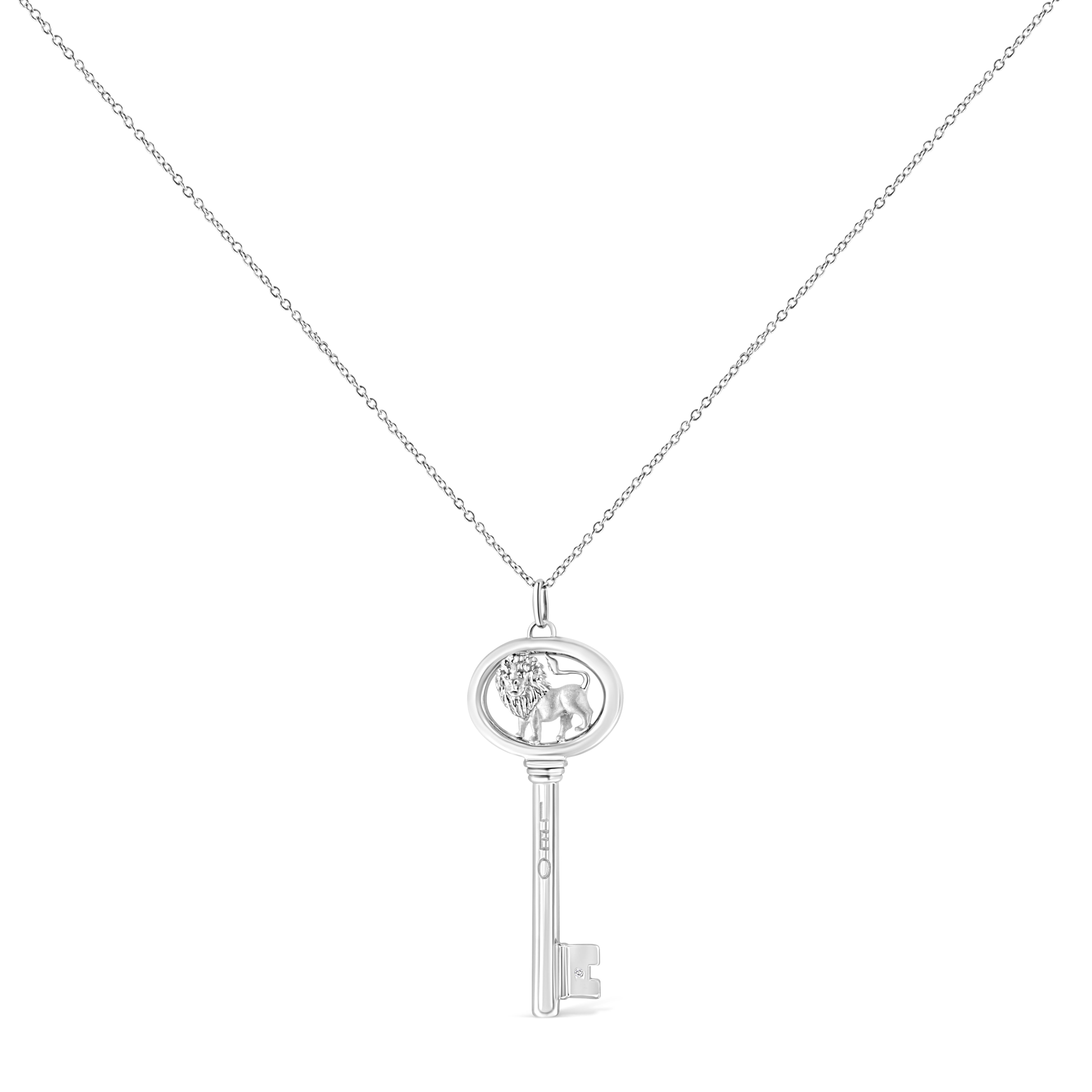 .925 Sterling Silver Diamond Accent Leo Zodiac Key 18" Pendant Necklace (K-L Color, I1-I2 Clarity)