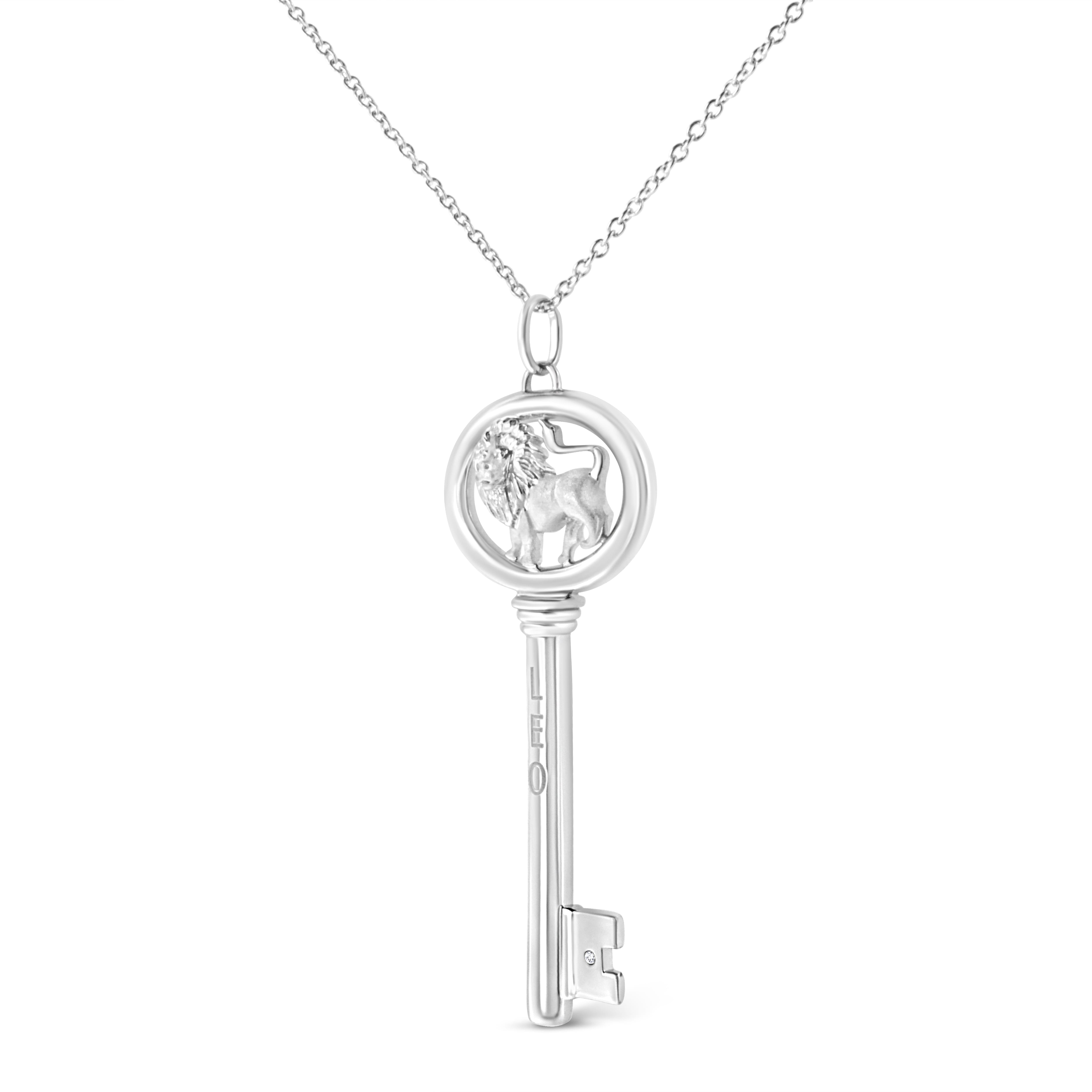.925 Sterling Silver Diamond Accent Leo Zodiac Key 18" Pendant Necklace (K-L Color, I1-I2 Clarity)