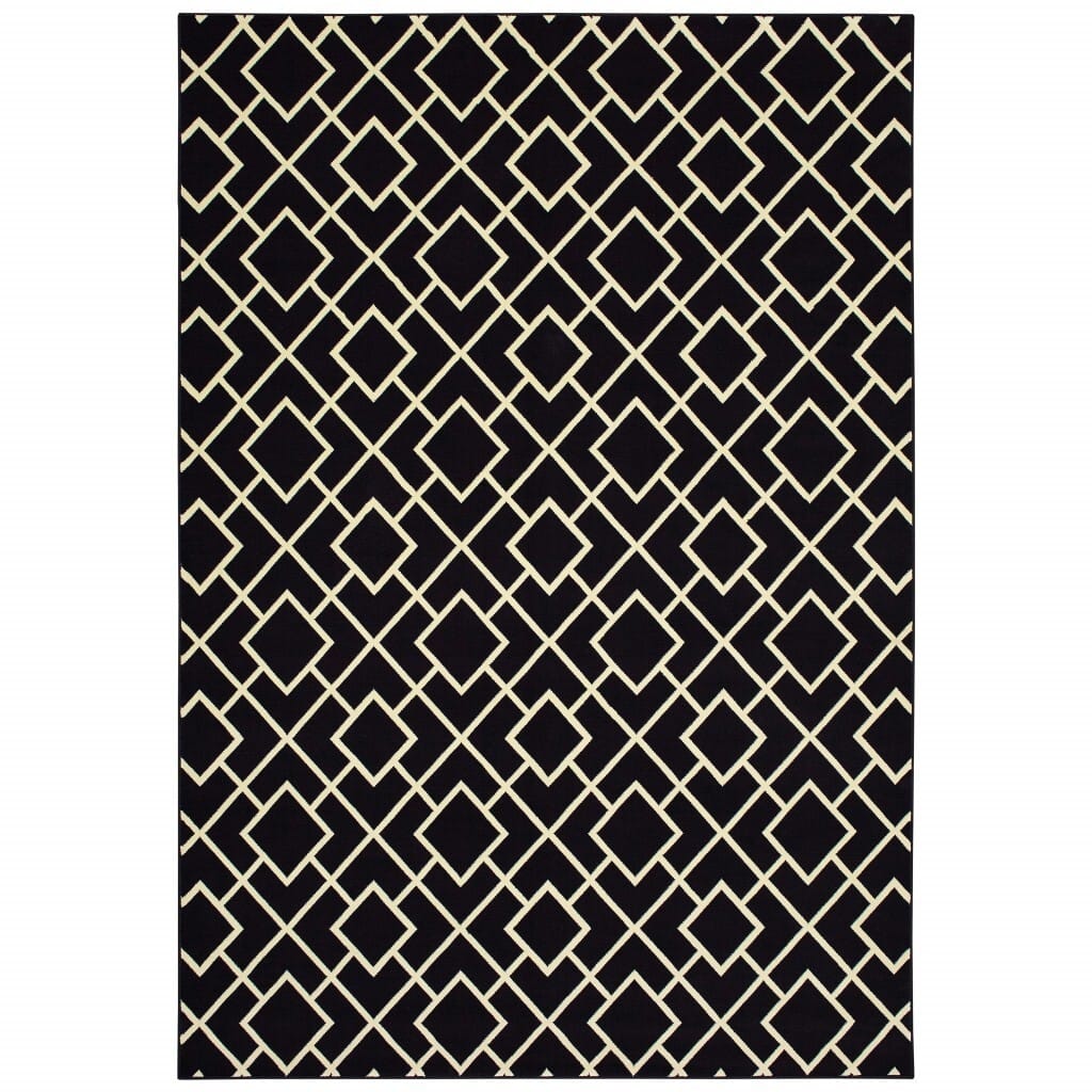 9' X 12' Black Ivory Machine Woven Geometric Diamonds Indoor Area Rug