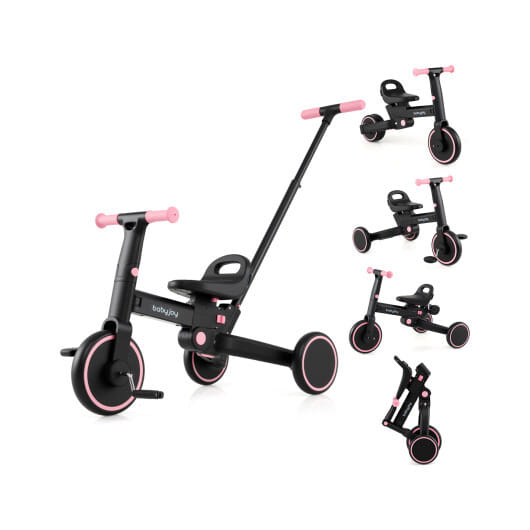 4-in-1 Foldable Toddler Tricycle with Push Handle with Adjustable Seat-Pink - Color: Pink