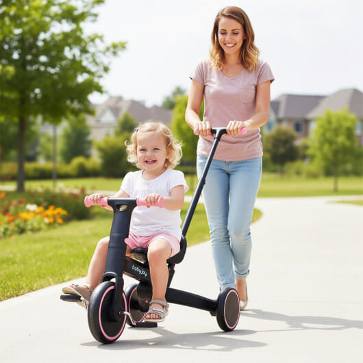 4-in-1 Foldable Toddler Tricycle with Push Handle with Adjustable Seat-Pink - Color: Pink