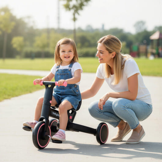 4-in-1 Foldable Toddler Tricycle with Push Handle with Adjustable Seat-Pink - Color: Pink