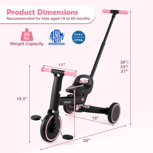 4-in-1 Foldable Toddler Tricycle with Push Handle with Adjustable Seat-Pink - Color: Pink