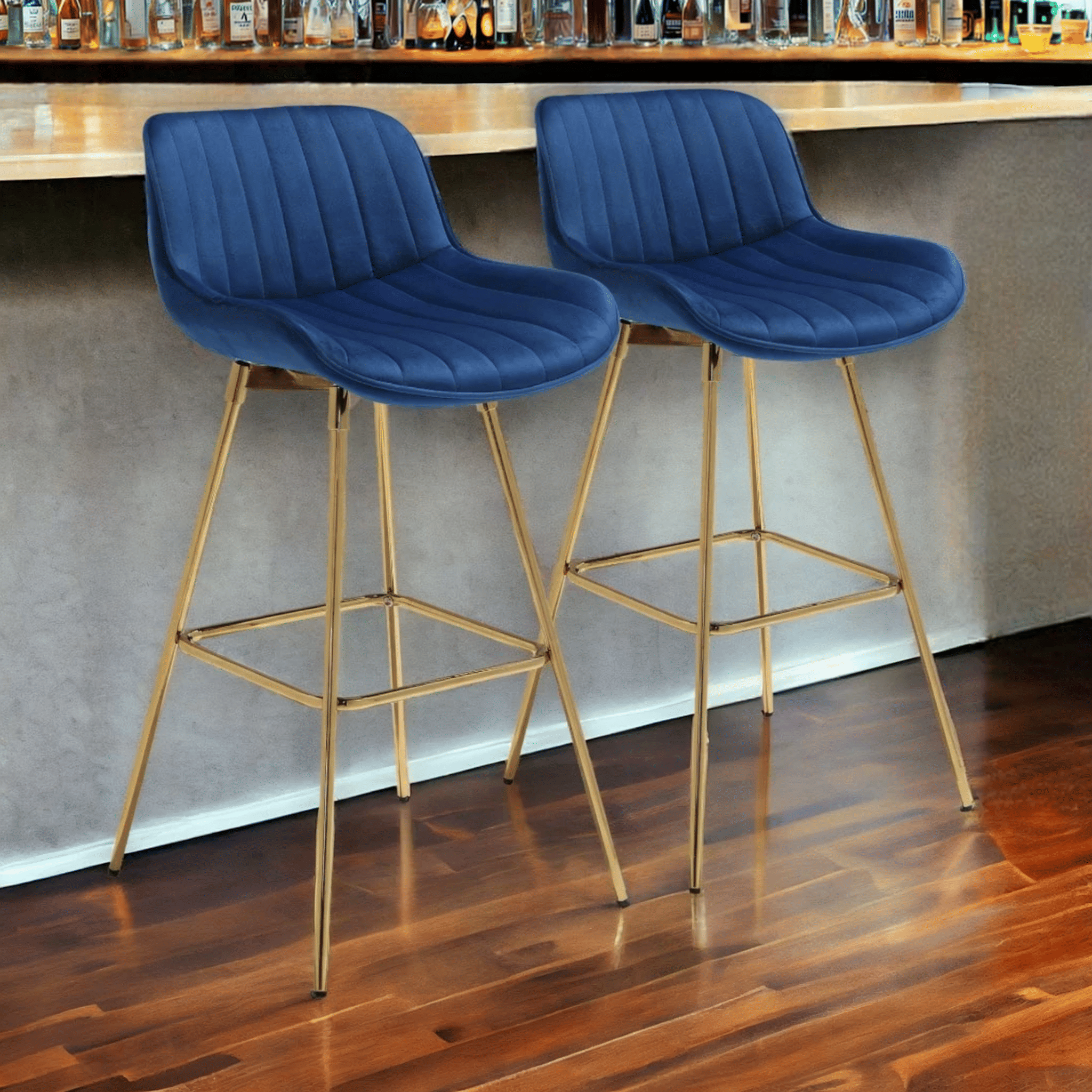 Set of Two 29" Blue and Gold Velvet and Metal Low Back Bar Height Swivel Bar Chairs