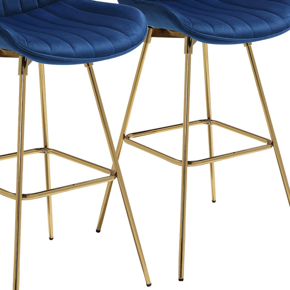 Set of Two 29" Blue and Gold Velvet and Metal Low Back Bar Height Swivel Bar Chairs