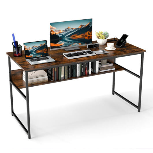 55 x 24 inch Computer Desk with Power Outlets and USB Ports-Rustic Brown - Color: Rustic Brown