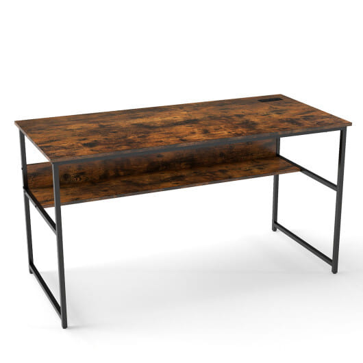 55 x 24 inch Computer Desk with Power Outlets and USB Ports-Rustic Brown - Color: Rustic Brown