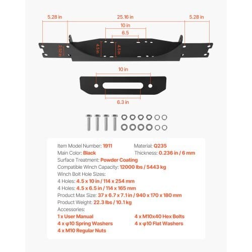 Winch Mount, Winch Capacity of 12000 lbs / 5443 kg, Trailer Hitch Winch Mount for Select Jeep Wrangler JL/JLU & Gladiator JT Model (2018-2023), 2 Mounting Hole Design, Powder Coated Steel, Black