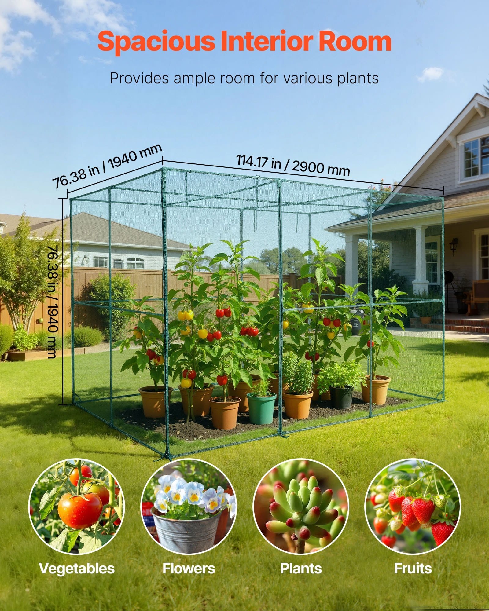 Crop Cage, 9.5 x 6.36 x 6.36 ft Plant Protection Tent with Zippered Door, Wind-Resistant Tall Crop Cage, Easy to Install, Outdoor Raised Bed Cover, Tomato Plant Netting for Garden Patio Lawn