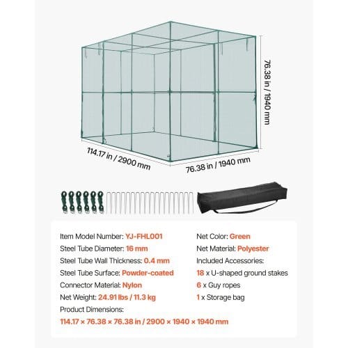 Crop Cage, 9.5 x 6.36 x 6.36 ft Plant Protection Tent with Zippered Door, Wind-Resistant Tall Crop Cage, Easy to Install, Outdoor Raised Bed Cover, Tomato Plant Netting for Garden Patio Lawn