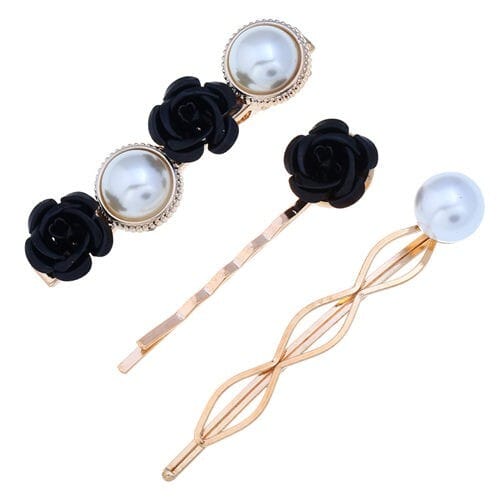 Korean High Fashion Rose and Pearl Style 3pcs Women Hair Barrette and Clip Combo Set - Black