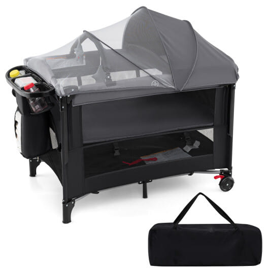 Foldable Baby Bassinet with 4 Adjustable Heights Changing Table and Mattress-Black - Color: Black
