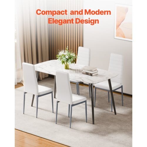 Modern Dining Room Accent Chairs Set of 6, Upholstered Leather Side Chair for Dining Tables, Space-Saving Kitchen Table Chair with Thick Cushions and Metal Legs, White