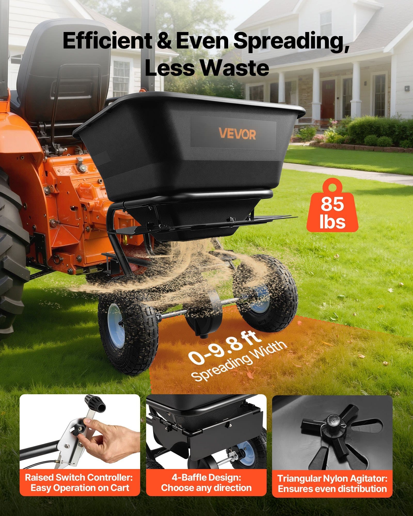 Tow-Behind Spreader, 9.8 ft Spreading Width, Broadcast Spreader with 10" All-Terrain Tires, 85 lbs Capacity Hopper, Adjustable Flow Control, Lawn Spreaders for Seed Fertilizer Ice Melt