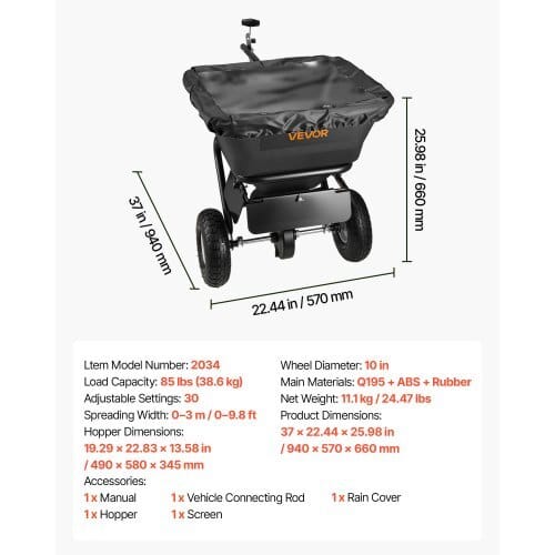 Tow-Behind Spreader, 9.8 ft Spreading Width, Broadcast Spreader with 10" All-Terrain Tires, 85 lbs Capacity Hopper, Adjustable Flow Control, Lawn Spreaders for Seed Fertilizer Ice Melt