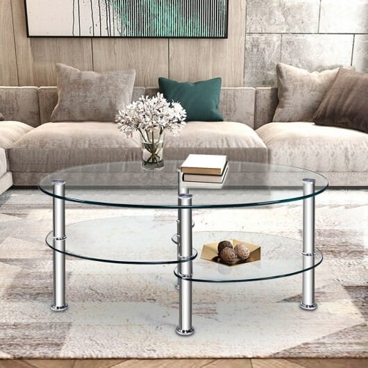 Tempered Glass Oval Side Coffee Table-Transparent - Color: Transparent