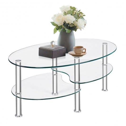 Tempered Glass Oval Side Coffee Table-Transparent - Color: Transparent