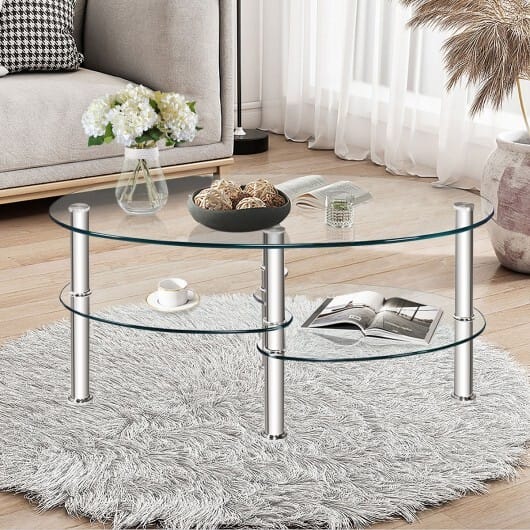 Tempered Glass Oval Side Coffee Table-Transparent - Color: Transparent