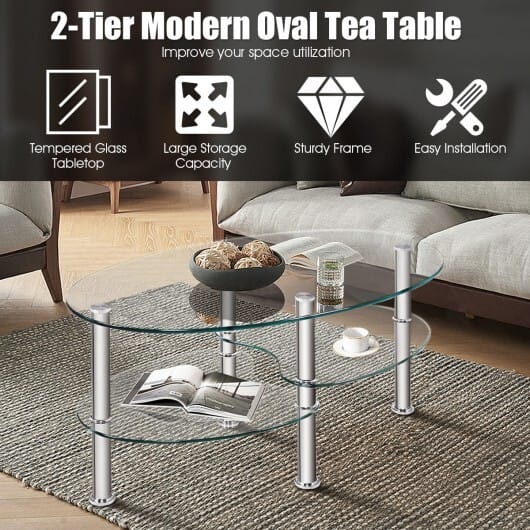 Tempered Glass Oval Side Coffee Table-Transparent - Color: Transparent