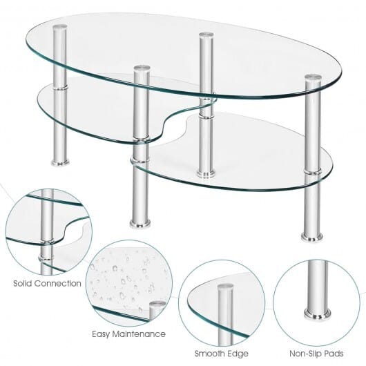 Tempered Glass Oval Side Coffee Table-Transparent - Color: Transparent