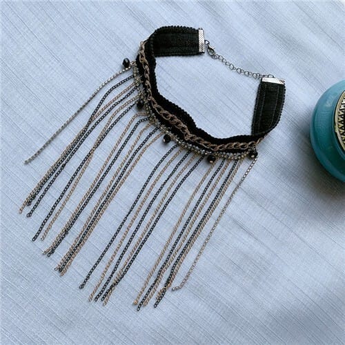 High Street Fashion Multiple Long Tassel Bold Chain Attached Lace Choker Necklace