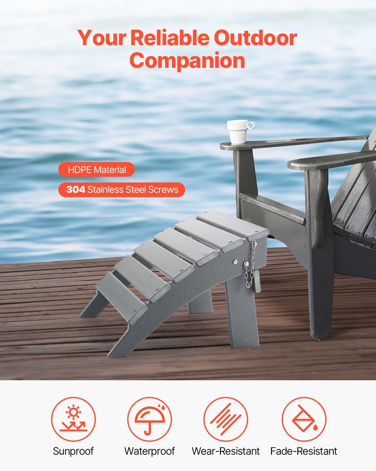 Adirondack Ottoman, 16.9L x 18.9W x 13H Inch HDPE Plastic Folding Adirondack Ottoman, Weather-Resistant Foot Rest for Adirondack Chair, Widely Used for Outside Porch Pool Lawn Backyard, Gray