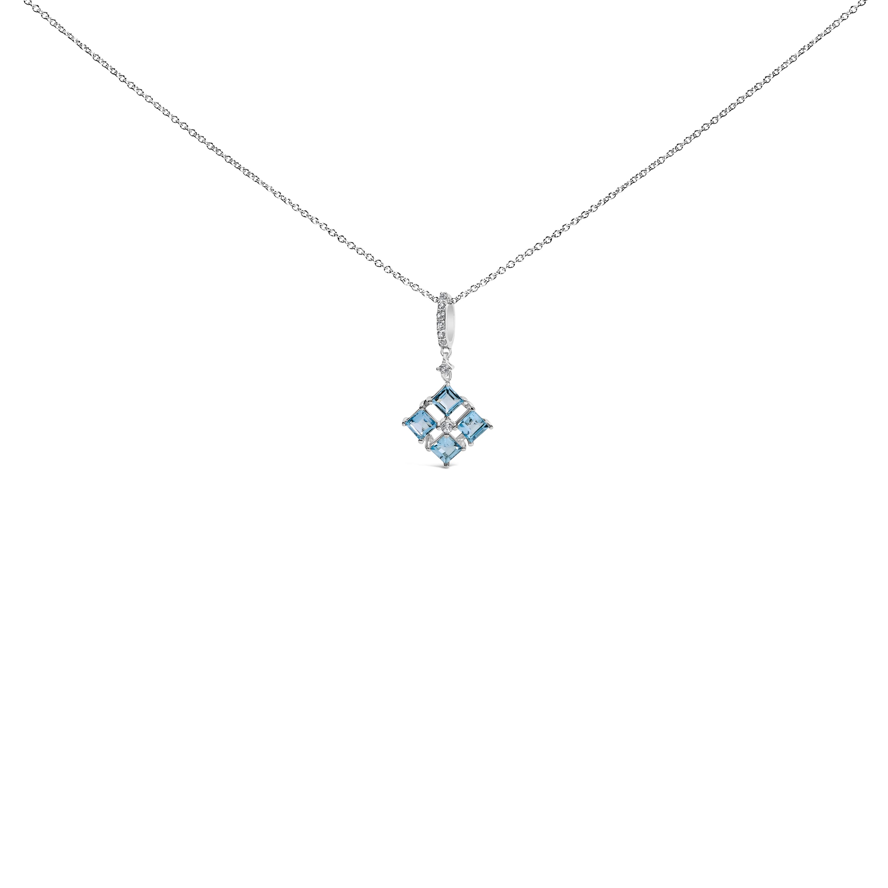 Sterling Silver Blue Topaz and White Sapphire Square Motif Pendant Necklace 18 Inch