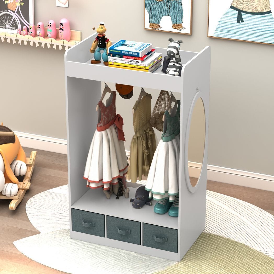 Kids Costume Organizer? Costume Rack?Kids Armoire?Open Hanging Armoire Closet with Mirror-WHITE