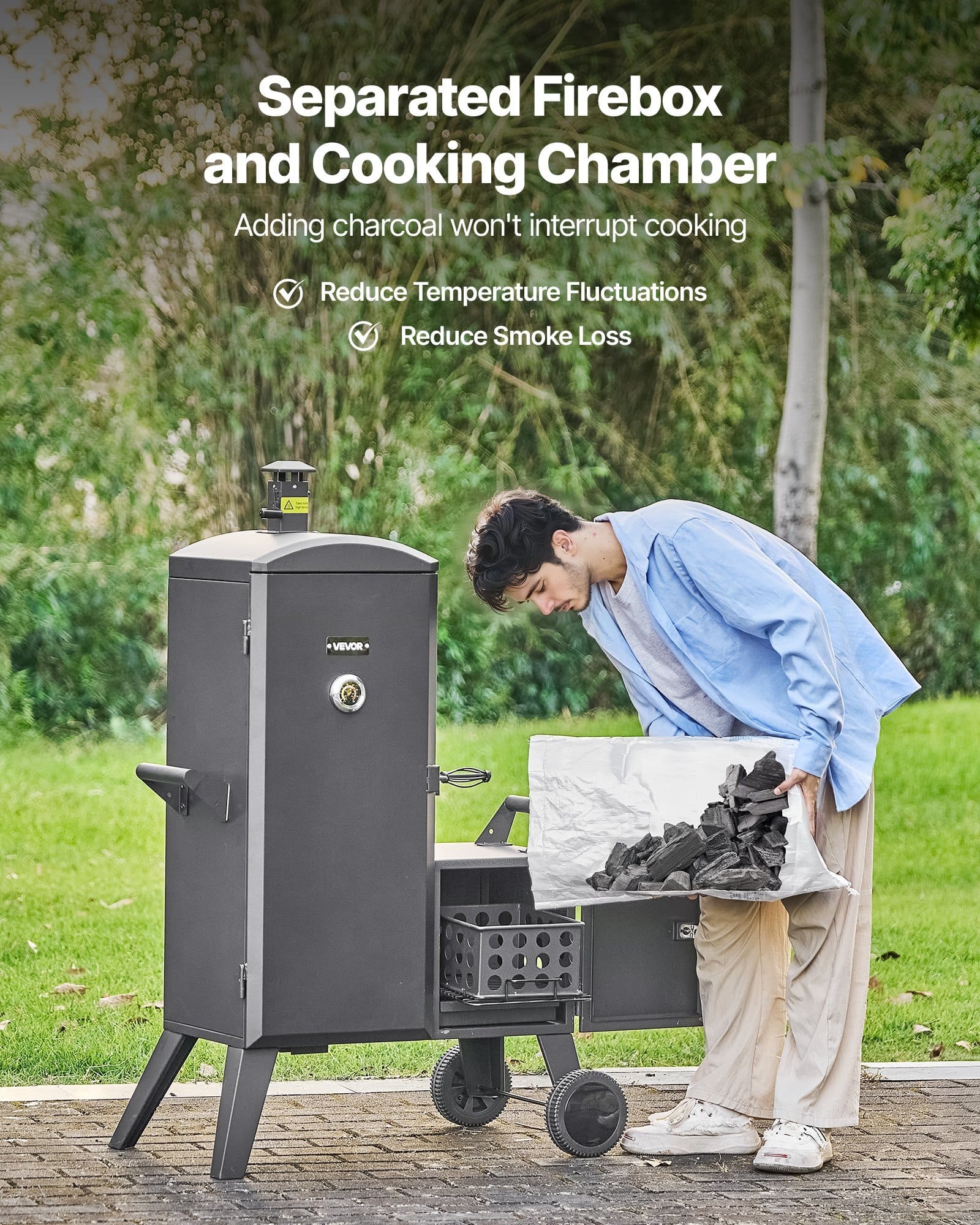 Charcoal Offset Smoker, Heavy-Duty Steel BBQ Offset Smoker with Side Firebox, Movable Outdoor Barbecue Smokers with 6 Adjustable Grates, Thermometer & Air Vents for Backyard Patio Party Cooking