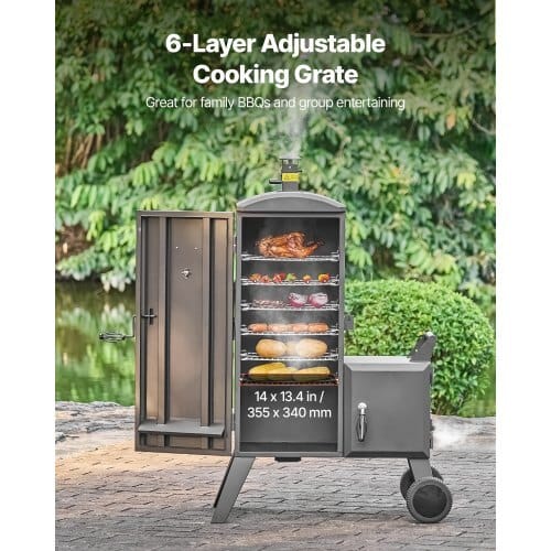 Charcoal Offset Smoker, Heavy-Duty Steel BBQ Offset Smoker with Side Firebox, Movable Outdoor Barbecue Smokers with 6 Adjustable Grates, Thermometer & Air Vents for Backyard Patio Party Cooking